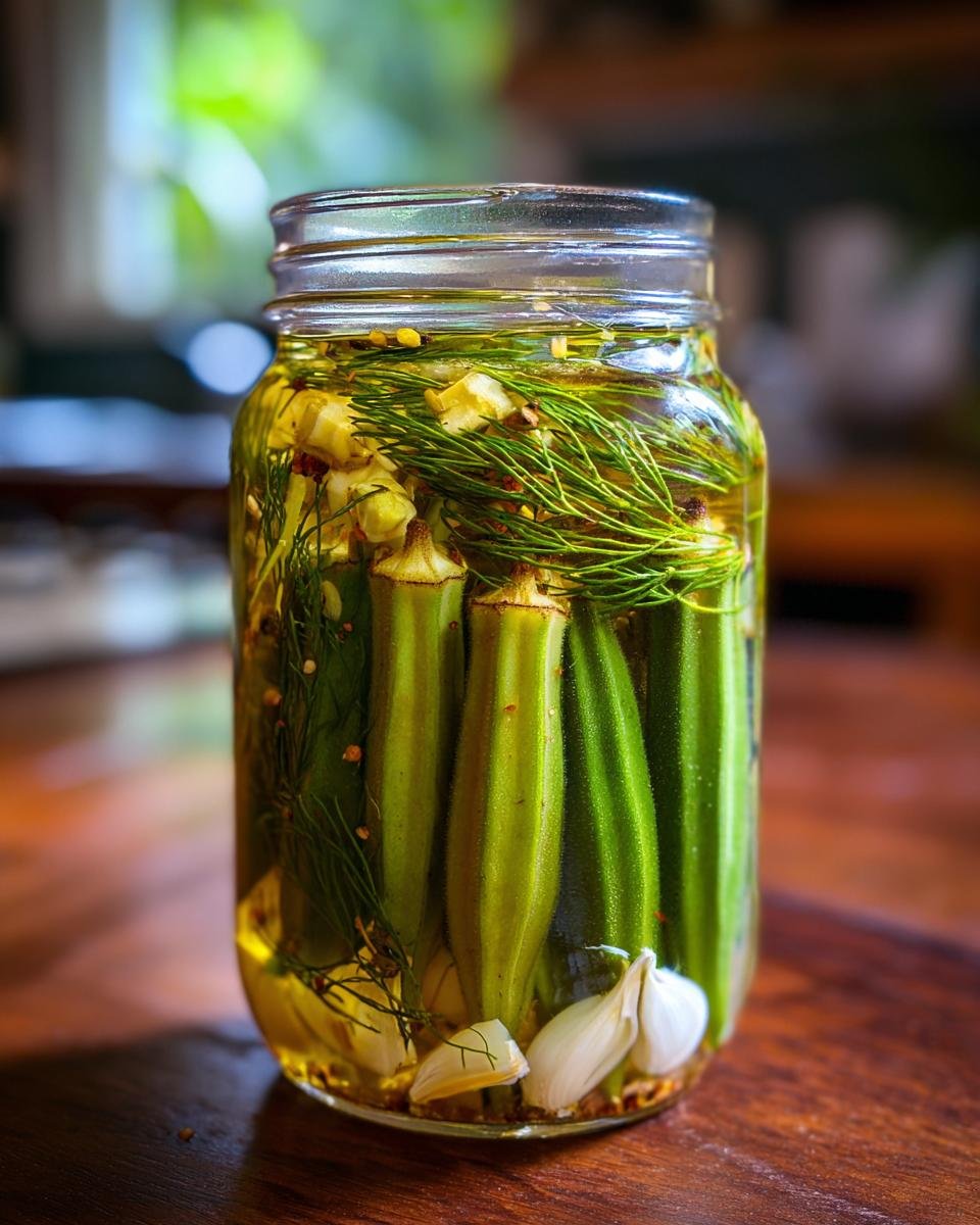 A glass jar filled with whole okra pods, garlic cloves, dill, and spices for a Crunchy Pickled Okra Recipe.