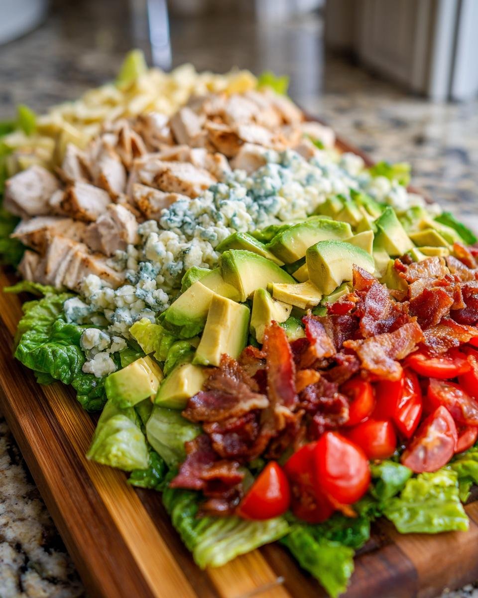 A beautifully arranged deconstructed Cobb Salad with rows of lettuce, chicken, blue cheese, avocado, bacon, and tomatoes.
