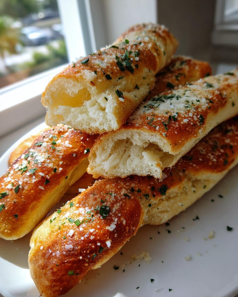 Close-up of golden brown Easy Garlic Parmesan Breadsticks topped with grated cheese and parsley.