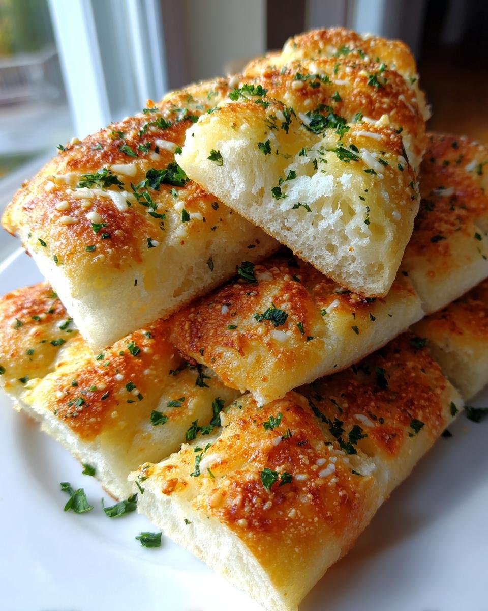 A stack of freshly baked Easy Garlic Parmesan Breadsticks, golden brown and topped with melted cheese and parsley.