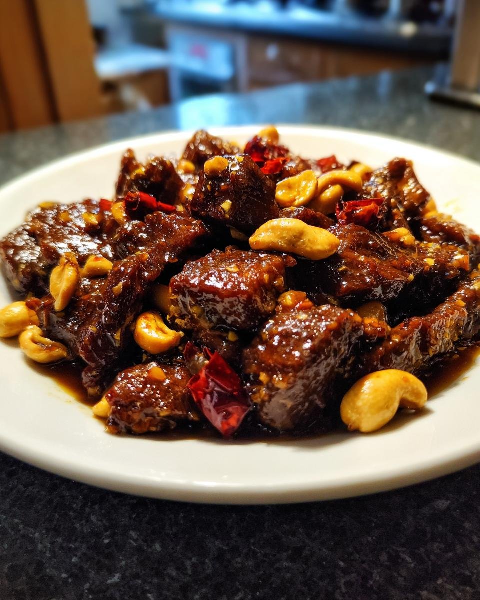 A close-up of glossy, saucy Easy Kung Pao Beef pieces mixed with roasted cashews and dried red chilies on a white plate.