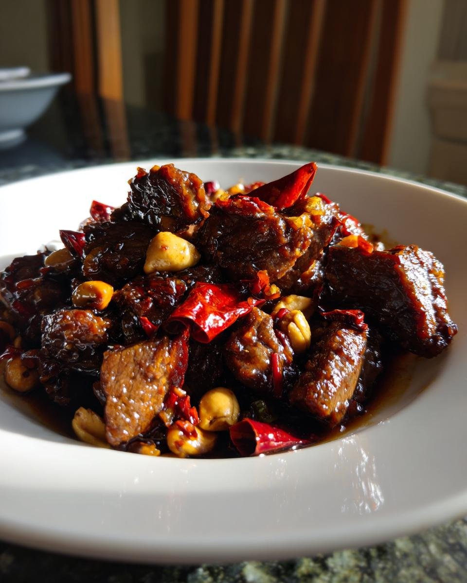 A close-up shot of Easy Kung Pao Beef served in a white bowl, featuring dark glazed beef chunks, bright red dried chilies, and peanuts.