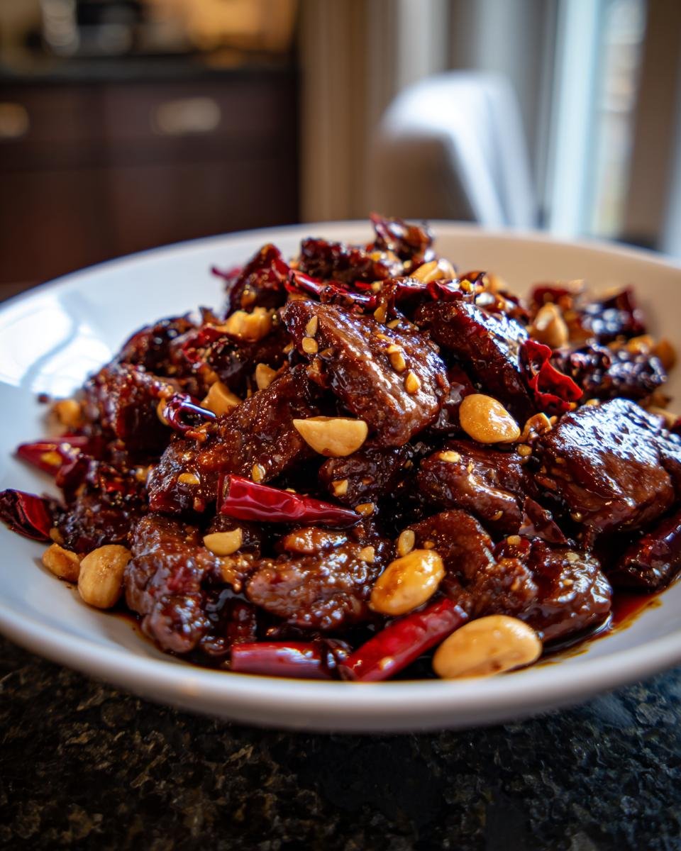 A close-up view of glossy, saucy Easy Kung Pao Beef garnished with whole peanuts and dried red chilies in a white bowl.