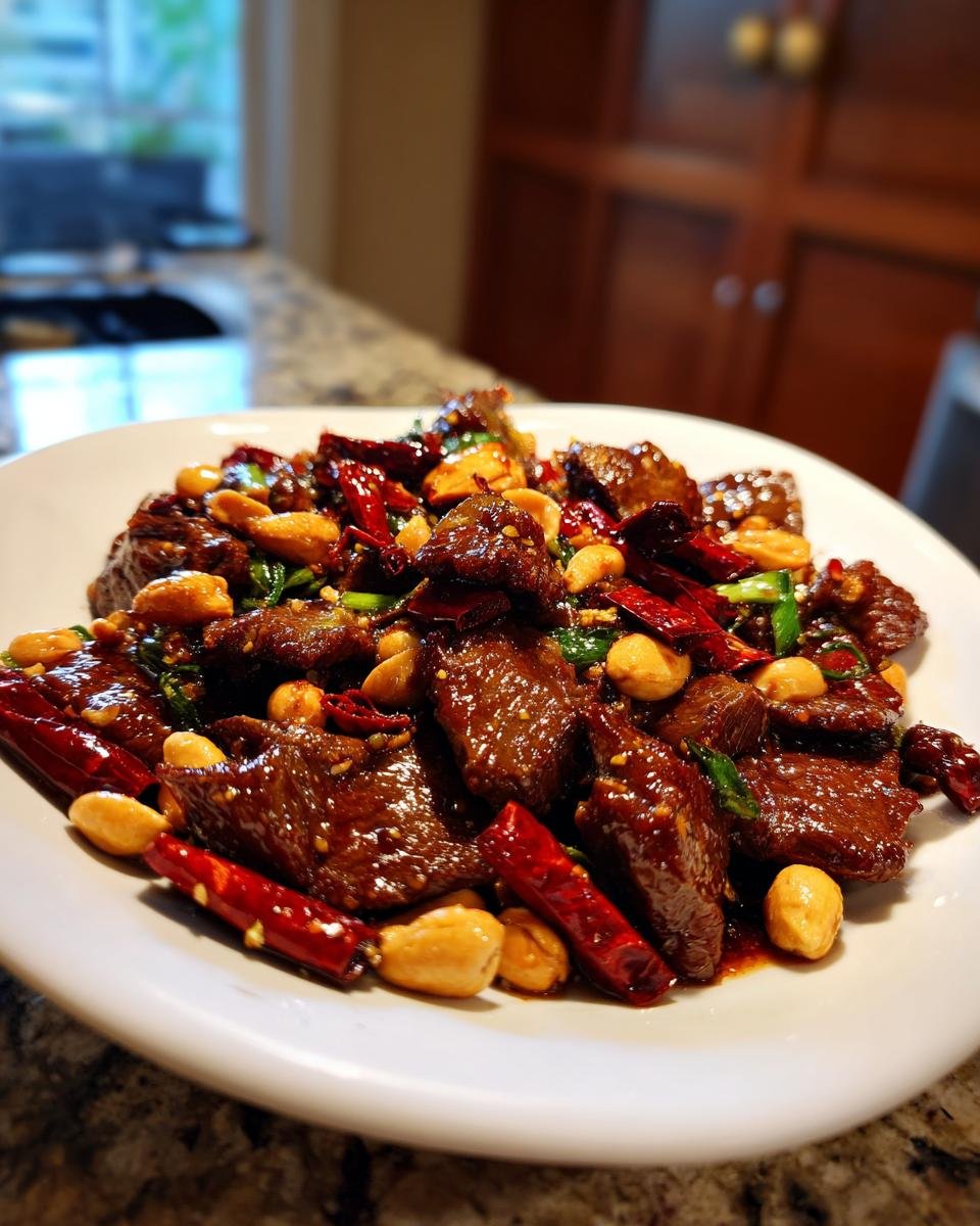 A close-up of a white plate piled high with glistening Easy Kung Pao Beef, mixed with whole dried chilies and peanuts.