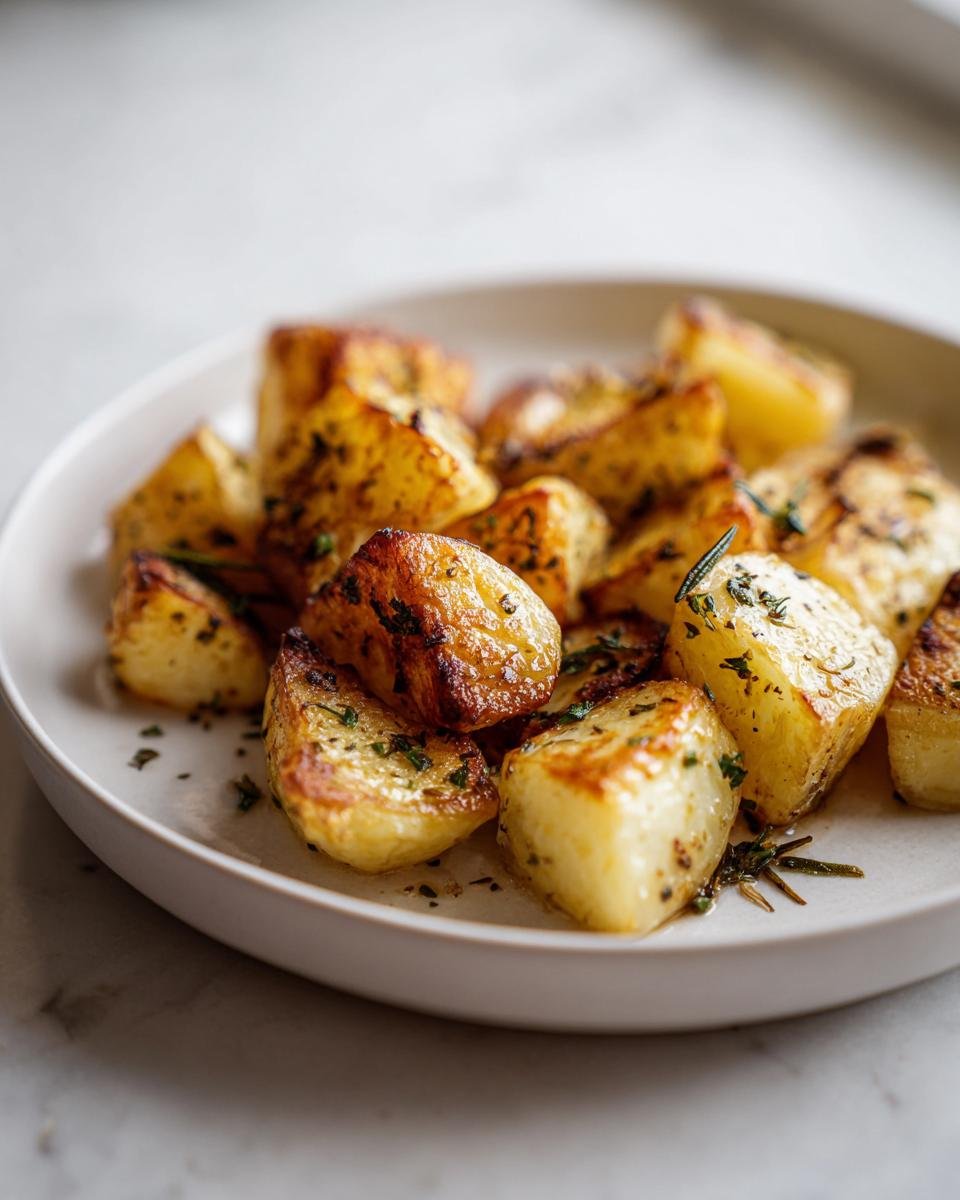 Close-up of golden brown Easy Roasted Turnips seasoned with herbs on a white plate.