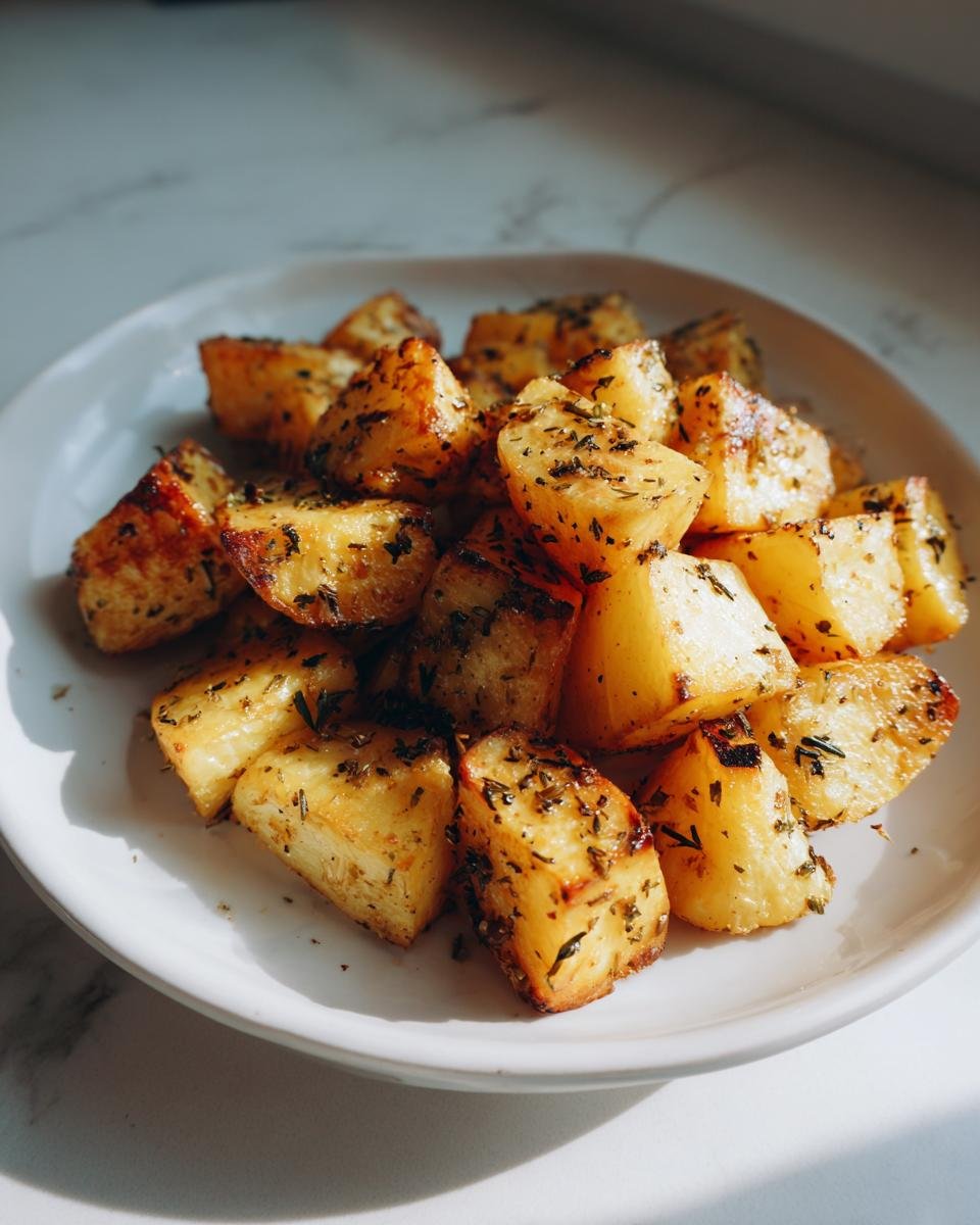 Close-up of golden brown, herb-seasoned Easy Roasted Turnips served on a white plate.