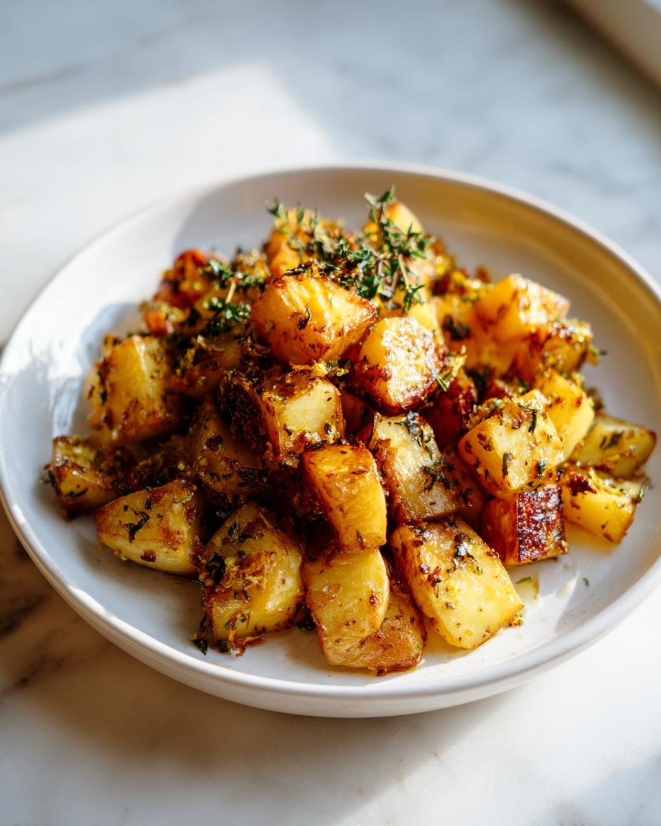 Close-up of golden brown Easy Roasted Turnips seasoned with herbs and thyme in a white bowl.