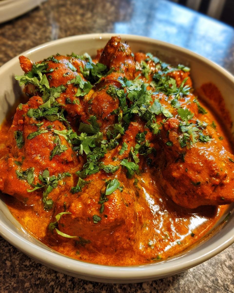 A close-up of a bowl filled with Flavorful Chicken Tikka Masala Creamy Curry, garnished with fresh cilantro.