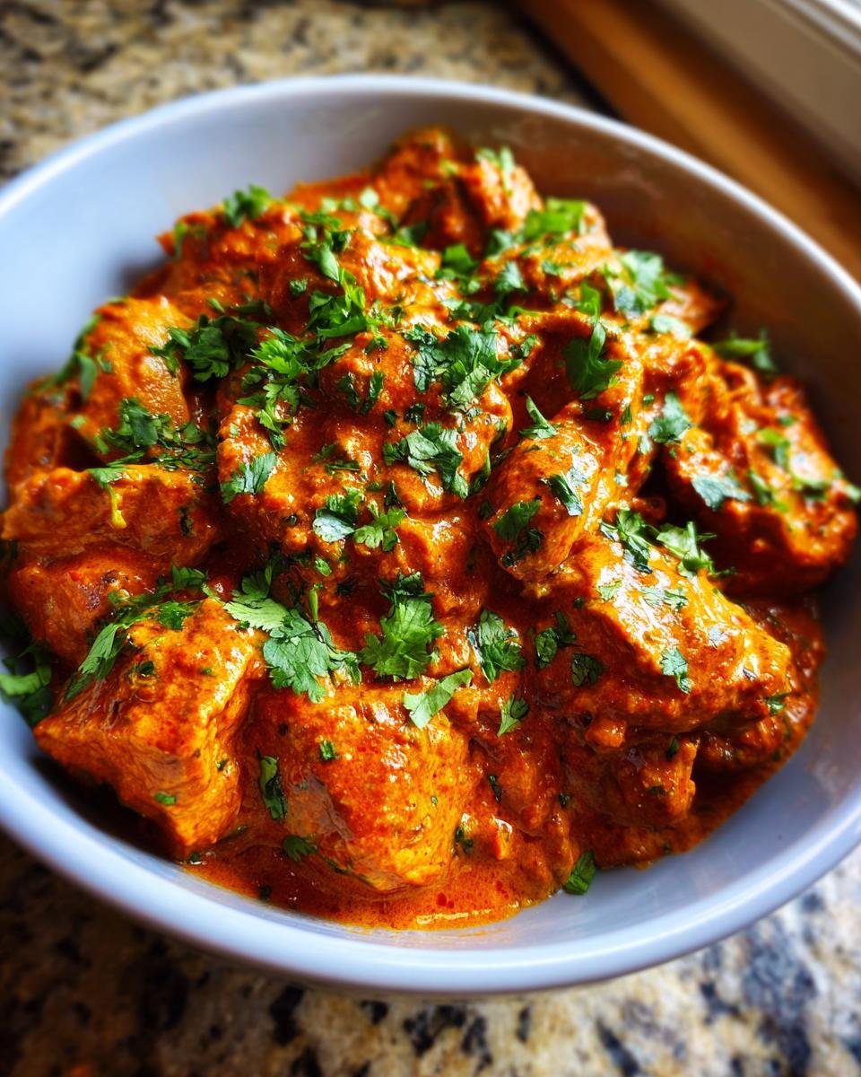 Close-up of a bowl of Flavorful Chicken Tikka Masala Creamy Curry, garnished with fresh cilantro.