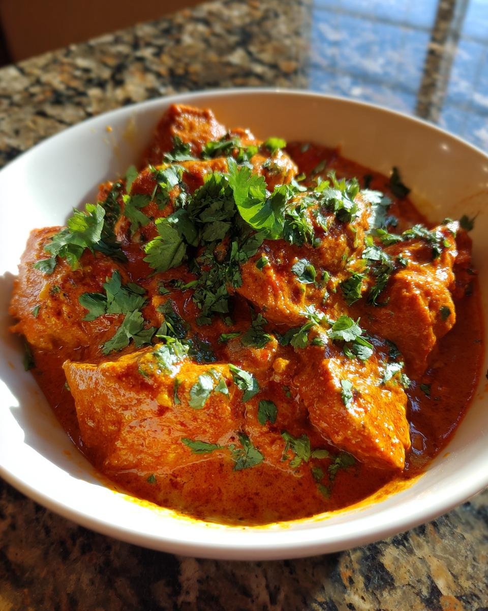 A close-up of Flavorful Chicken Tikka Masala Creamy Curry, garnished with fresh cilantro.