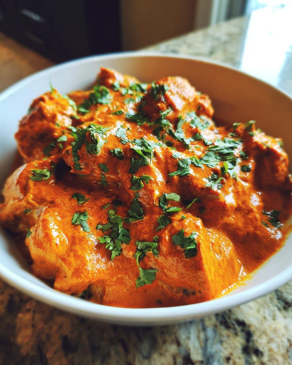 Close-up of a bowl filled with Flavorful Chicken Tikka Masala Creamy Curry, garnished with fresh cilantro.