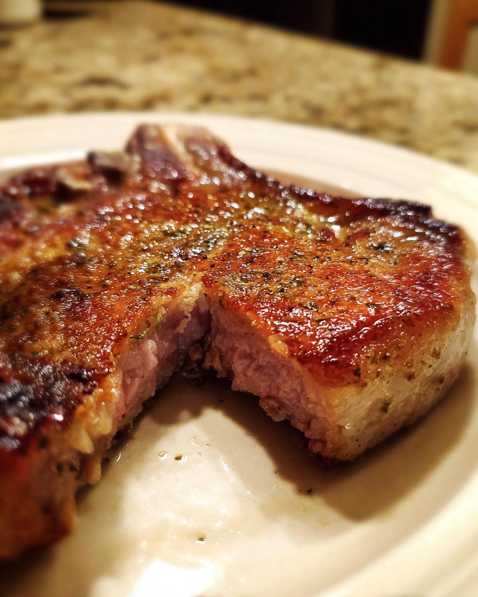 Close-up of a juicy, golden-brown fried pork chop cut open to show a pink, perfectly cooked interior.