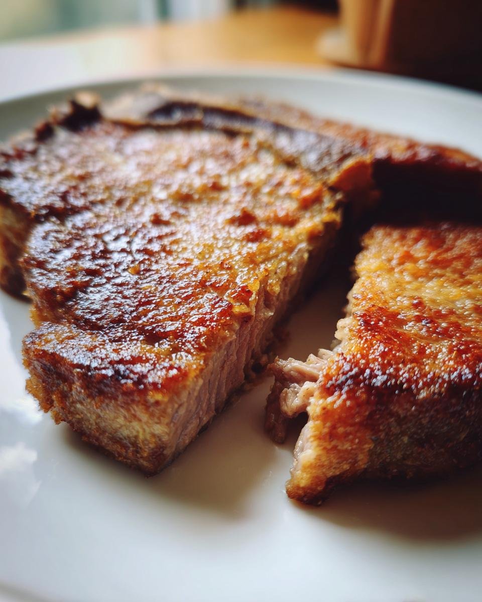 A close-up shot showing the cross-section of juicy, golden-brown Fried Pork Chops on a white plate.