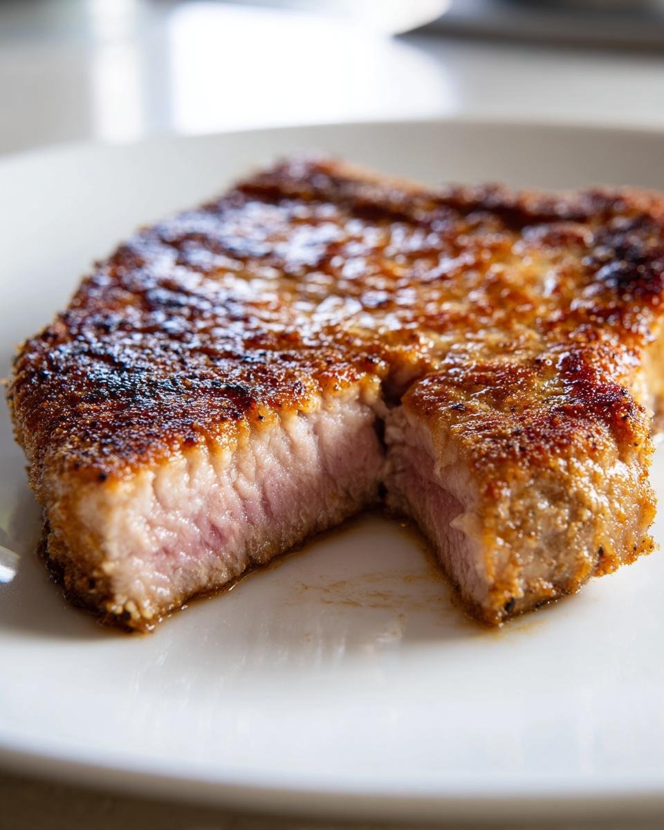 Close-up of a juicy, golden-brown Fried Pork Chop cut in half showing a tender pink interior.