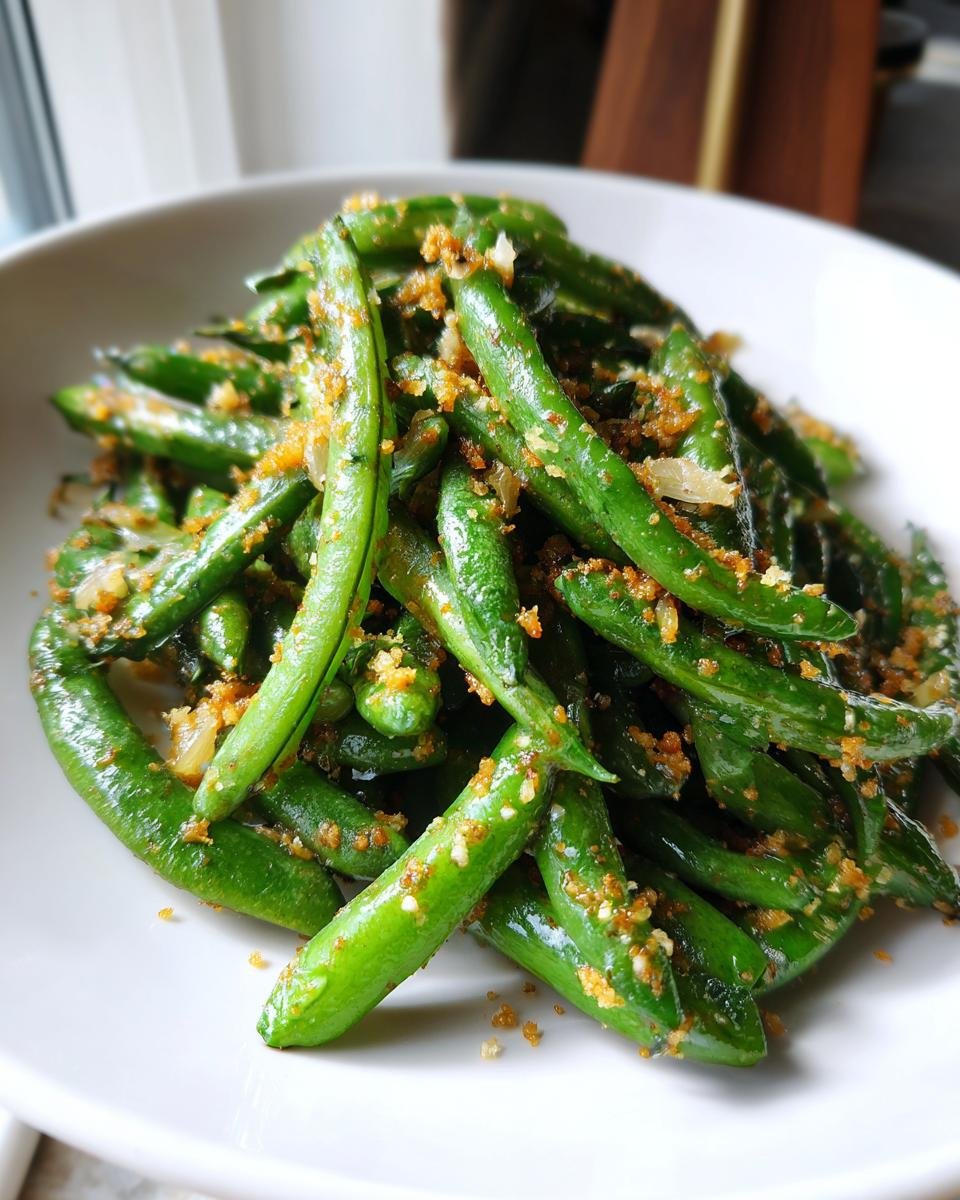 Close-up of bright green Garlic Parmesan Sugar Snap Peas tossed with golden crumbs served in a white bowl.