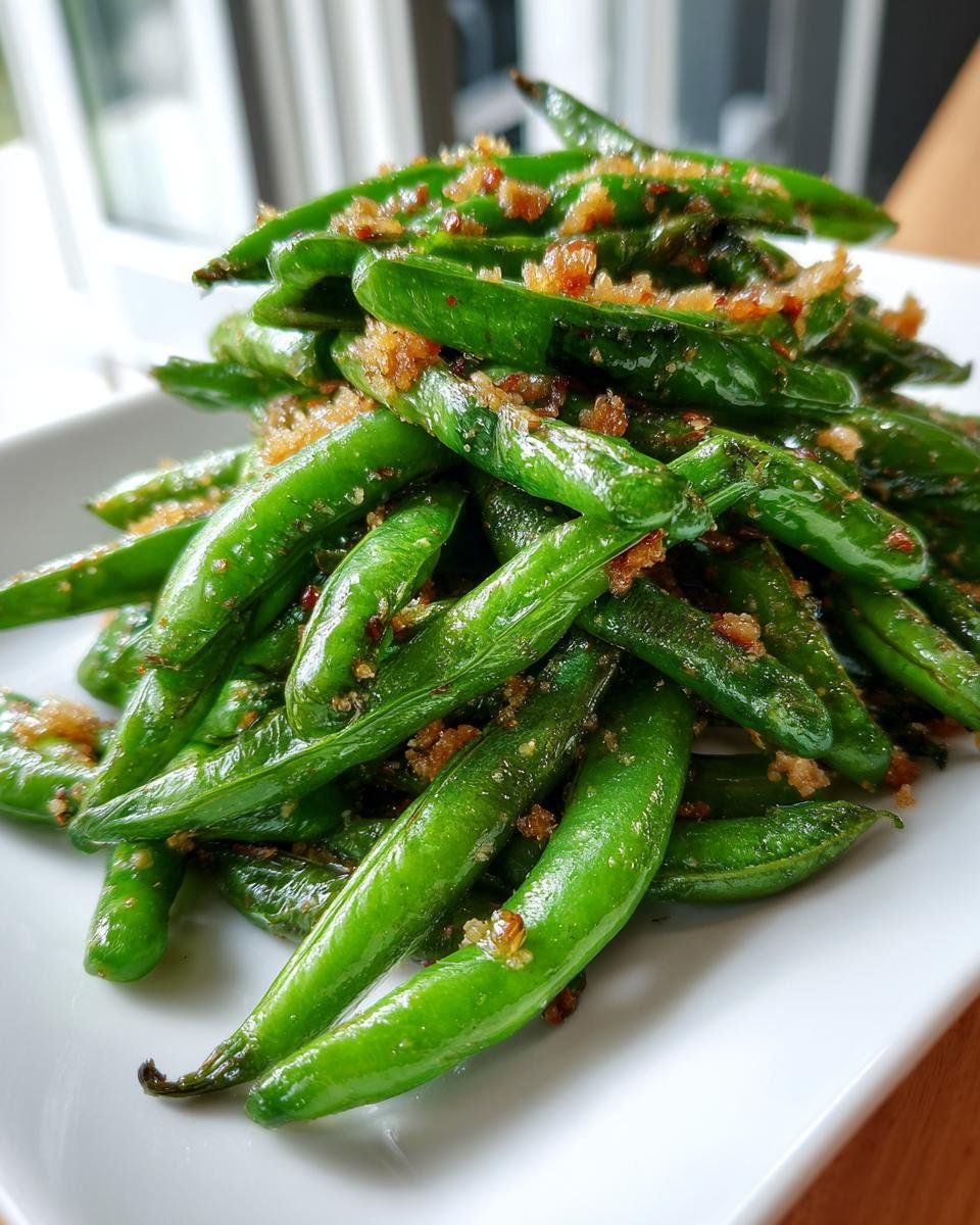 A close-up of bright green Garlic Parmesan Sugar Snap Peas piled high on a white rectangular plate.
