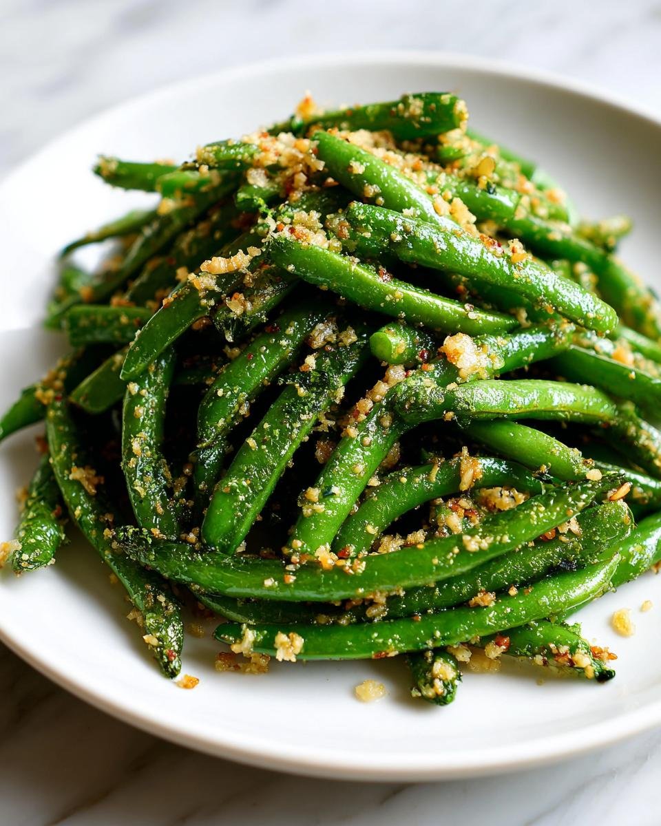 A close-up of bright green Garlic Parmesan Sugar Snap Peas piled on a white plate, heavily coated in a savory crumb topping.