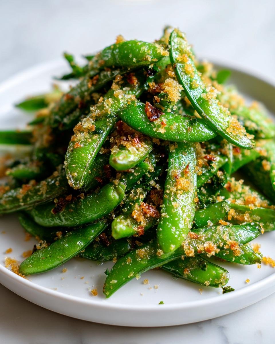 Close-up of bright green Garlic Parmesan Sugar Snap Peas piled high and topped with golden brown breadcrumbs.