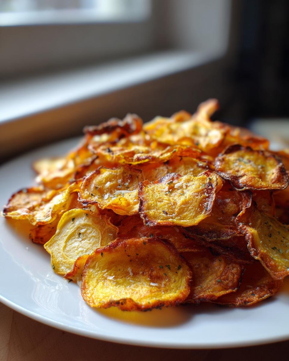 A pile of golden, crispy Garlic Parmesan Yellow Squash Chips seasoned with herbs on a white plate.