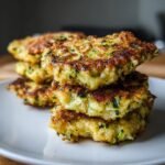 A tall stack of golden-brown Garlicky Cheesy Quinoa Zucchini Fritters served on a white plate.