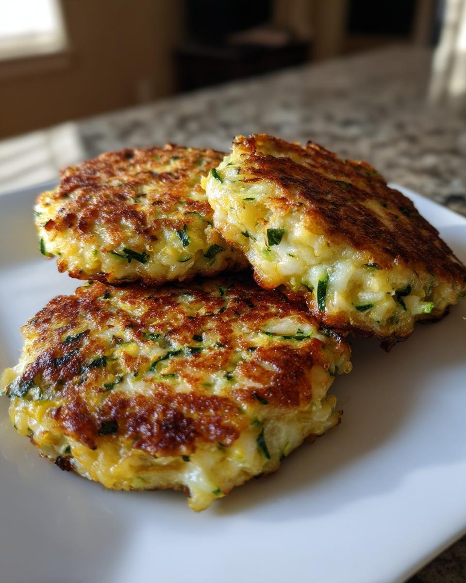 Three golden-brown Garlicky Cheesy Quinoa Zucchini Fritters stacked on a white plate.