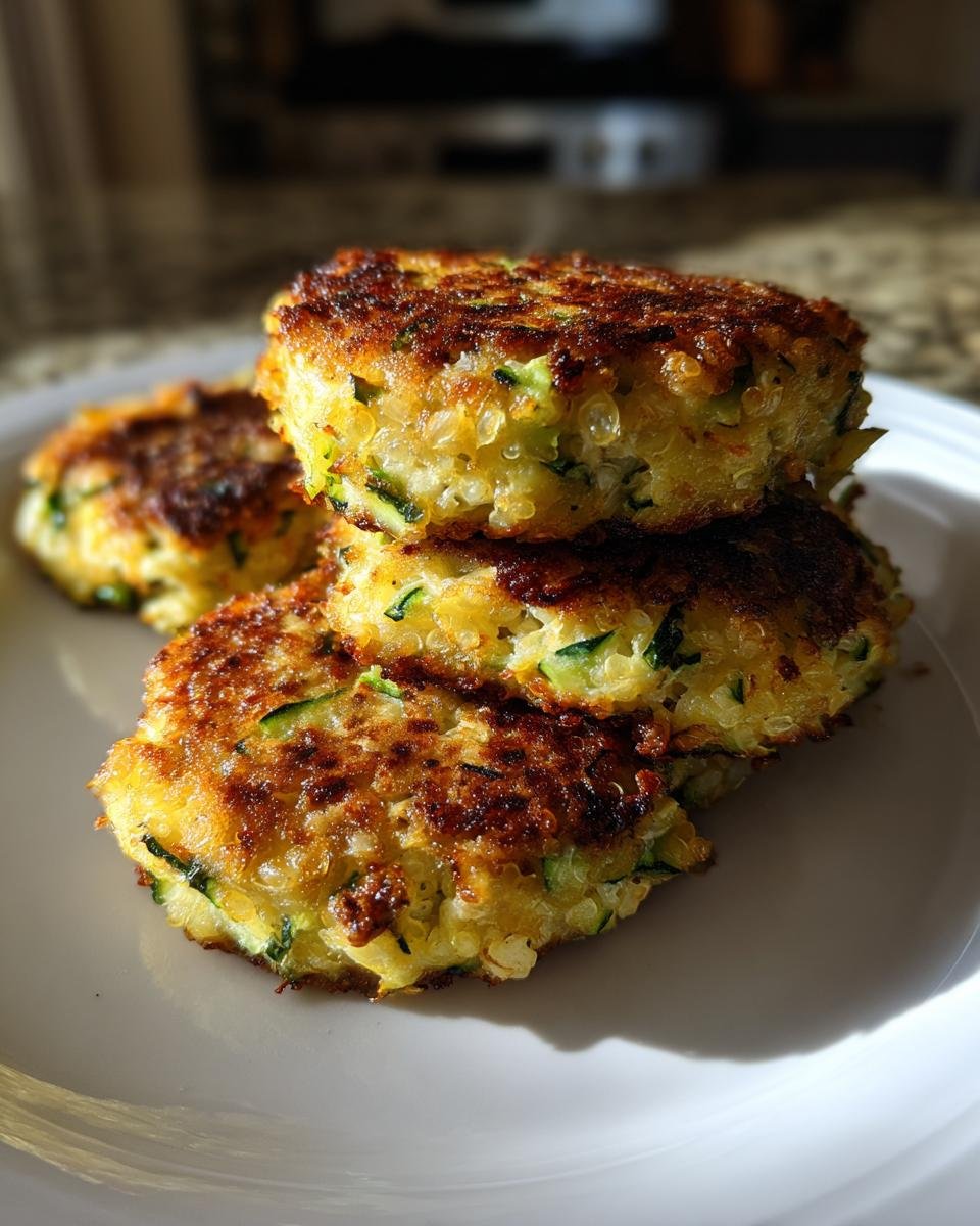 Close-up of stacked, golden-brown Garlicky Cheesy Quinoa Zucchini Fritters showing visible quinoa and shredded zucchini.