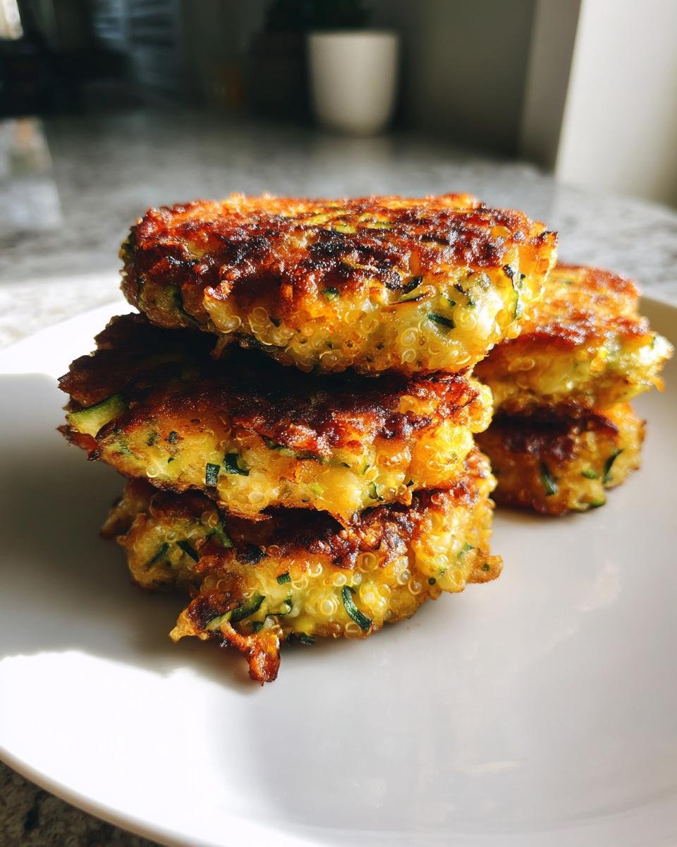 Stack of golden-brown Garlicky Cheesy Quinoa Zucchini Fritters showing visible quinoa and shredded zucchini.