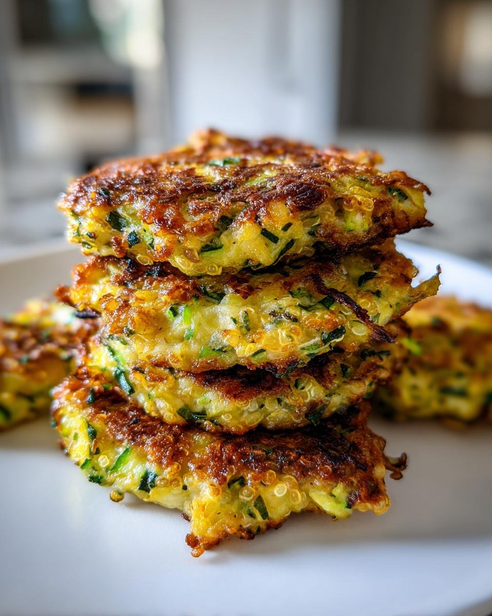 A tall stack of four golden-brown Garlicky Cheesy Quinoa Zucchini Fritters on a white plate.