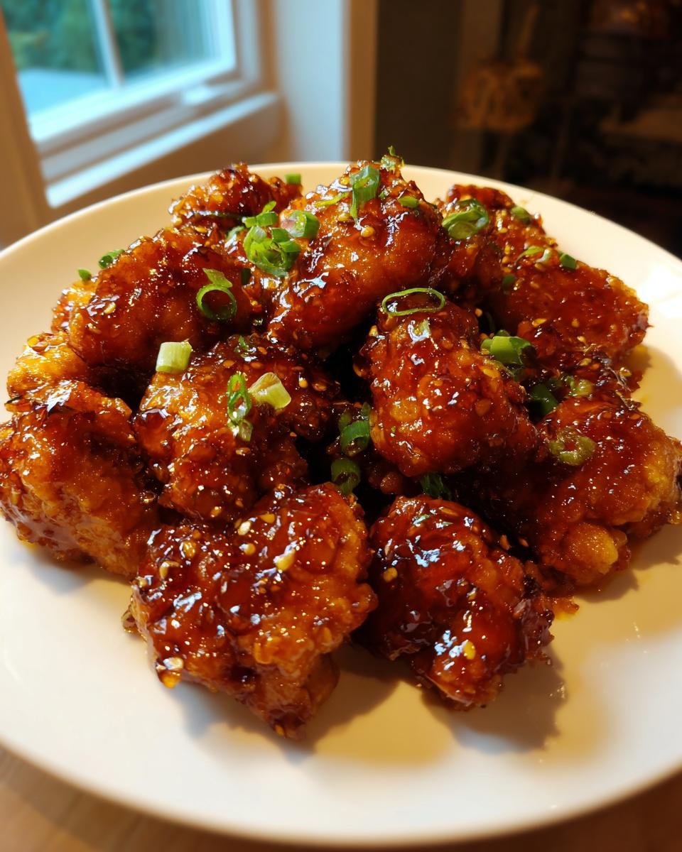 Close-up of crispy chicken pieces coated in a thick, glossy Honey Garlic Chicken sauce, garnished with sesame seeds and green onions.