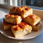 A stack of golden-brown, fluffy squares of Sheet Pan Pancakes piled high on a white plate.