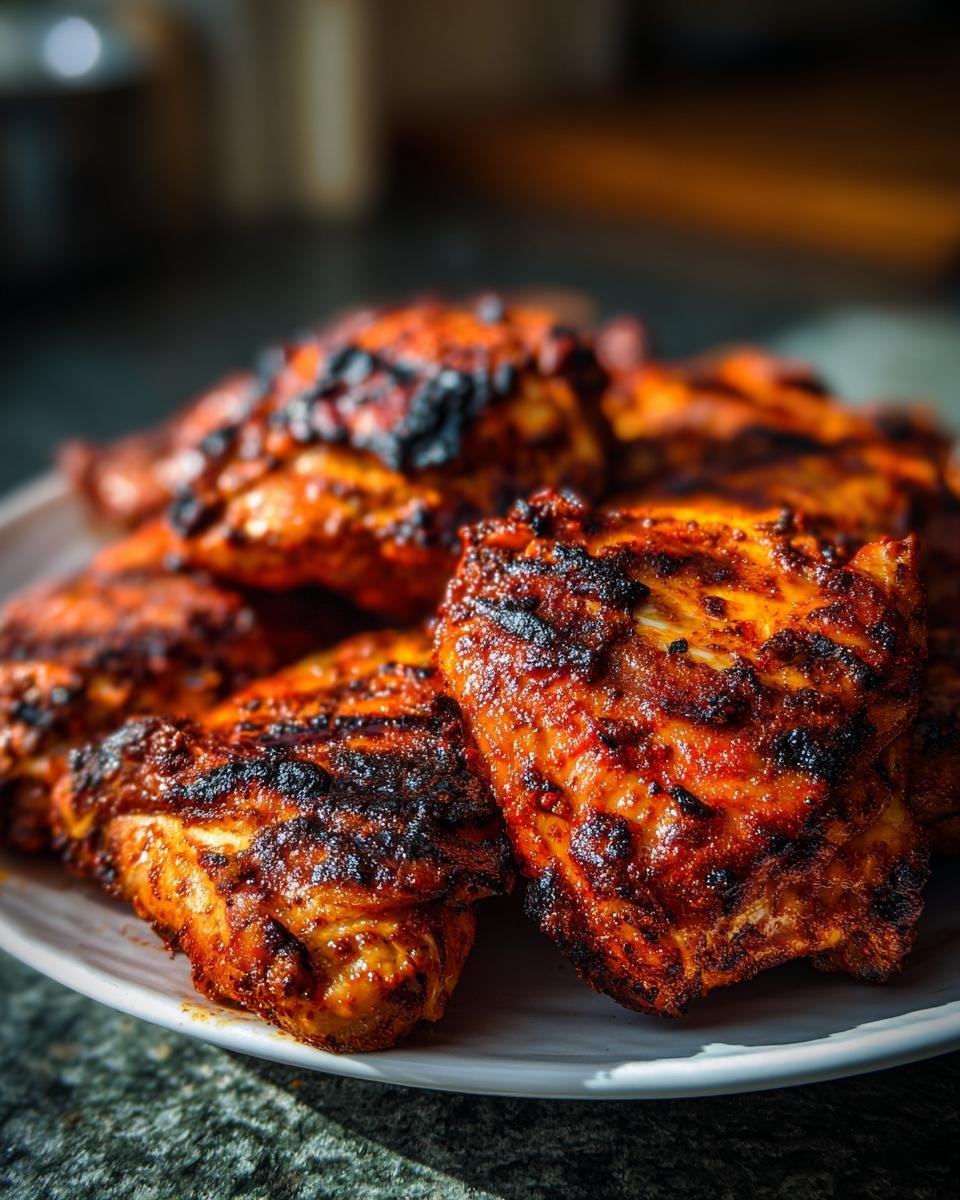 Close-up of several pieces of juicy, grilled Piri Piri Chicken with charred edges piled on a white plate.