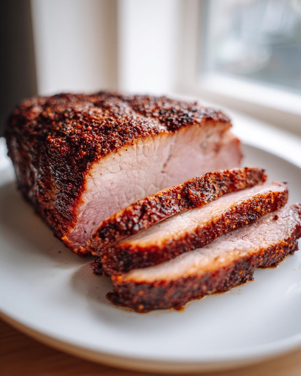 Close-up of a perfectly cooked Grilled Pork Roast, sliced to show the juicy interior and dark spice crust.