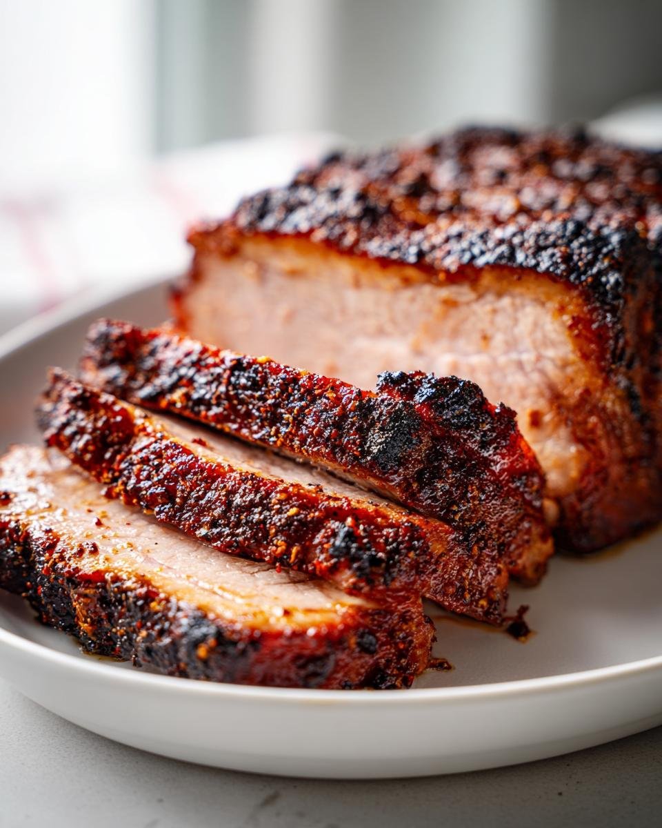 Close-up of thick slices of moist Grilled Pork Roast showing a dark, flavorful spice rub crust.