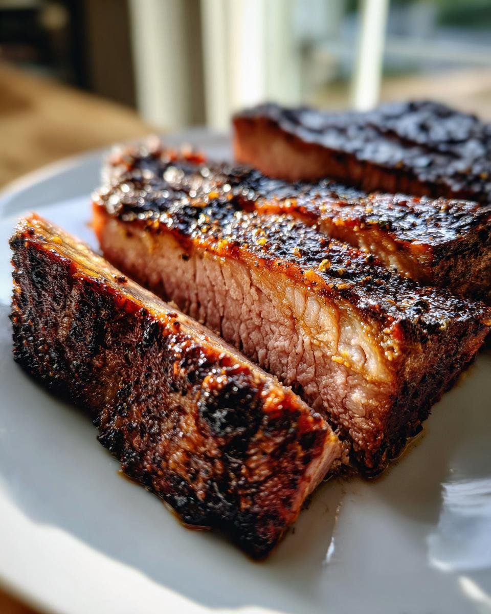 Close-up of thick slices of juicy Grilled Pork Roast with a dark, caramelized crust.