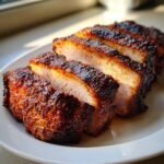 Close-up of thick slices of perfectly cooked Grilled Pork Roast showing a juicy interior and dark, flavorful bark.