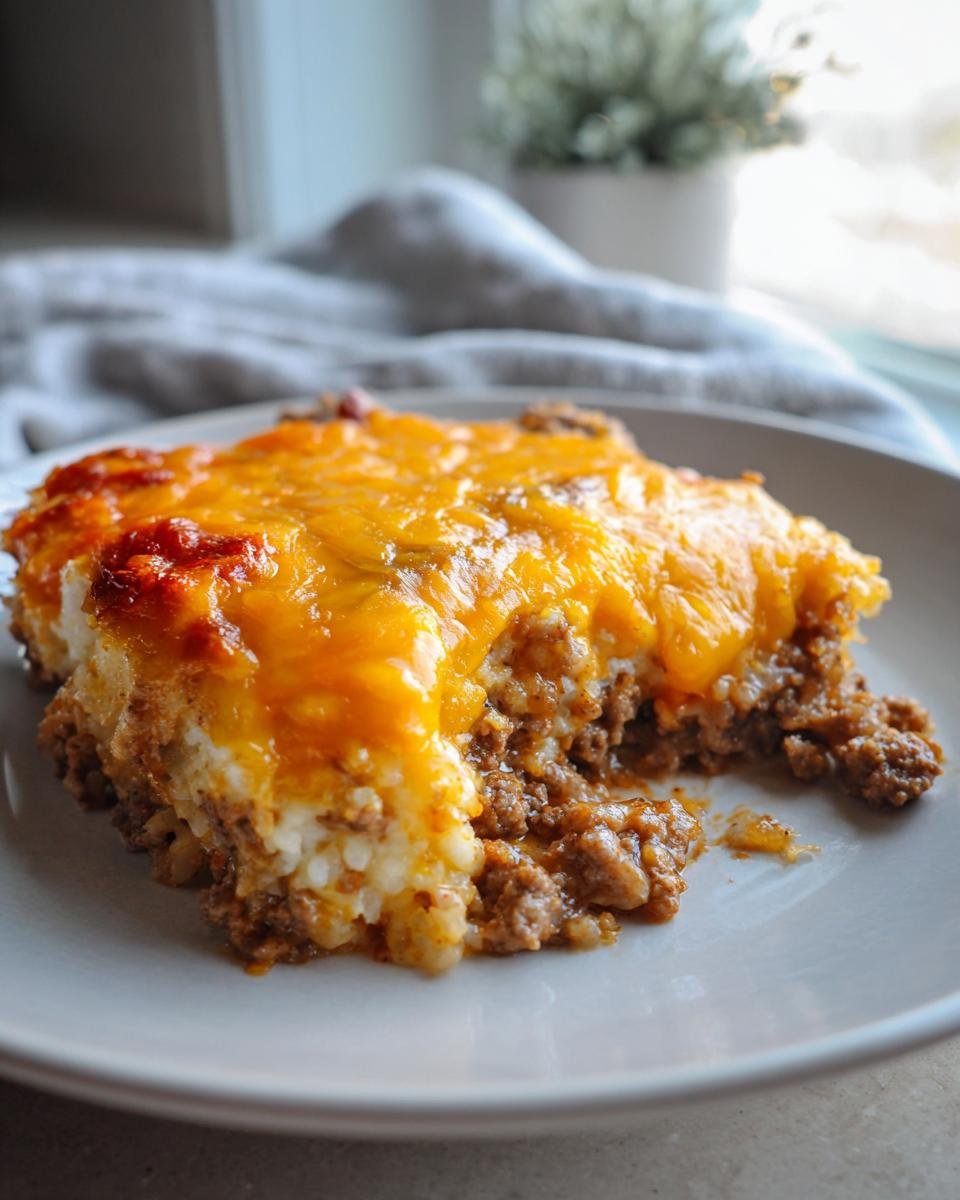 A close-up serving of Ground Beef Cauliflower Rice Casserole topped with melted cheddar cheese.