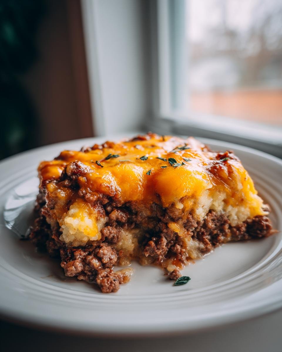 A thick slice of Ground Beef Cauliflower Rice Casserole topped with melted cheddar cheese.