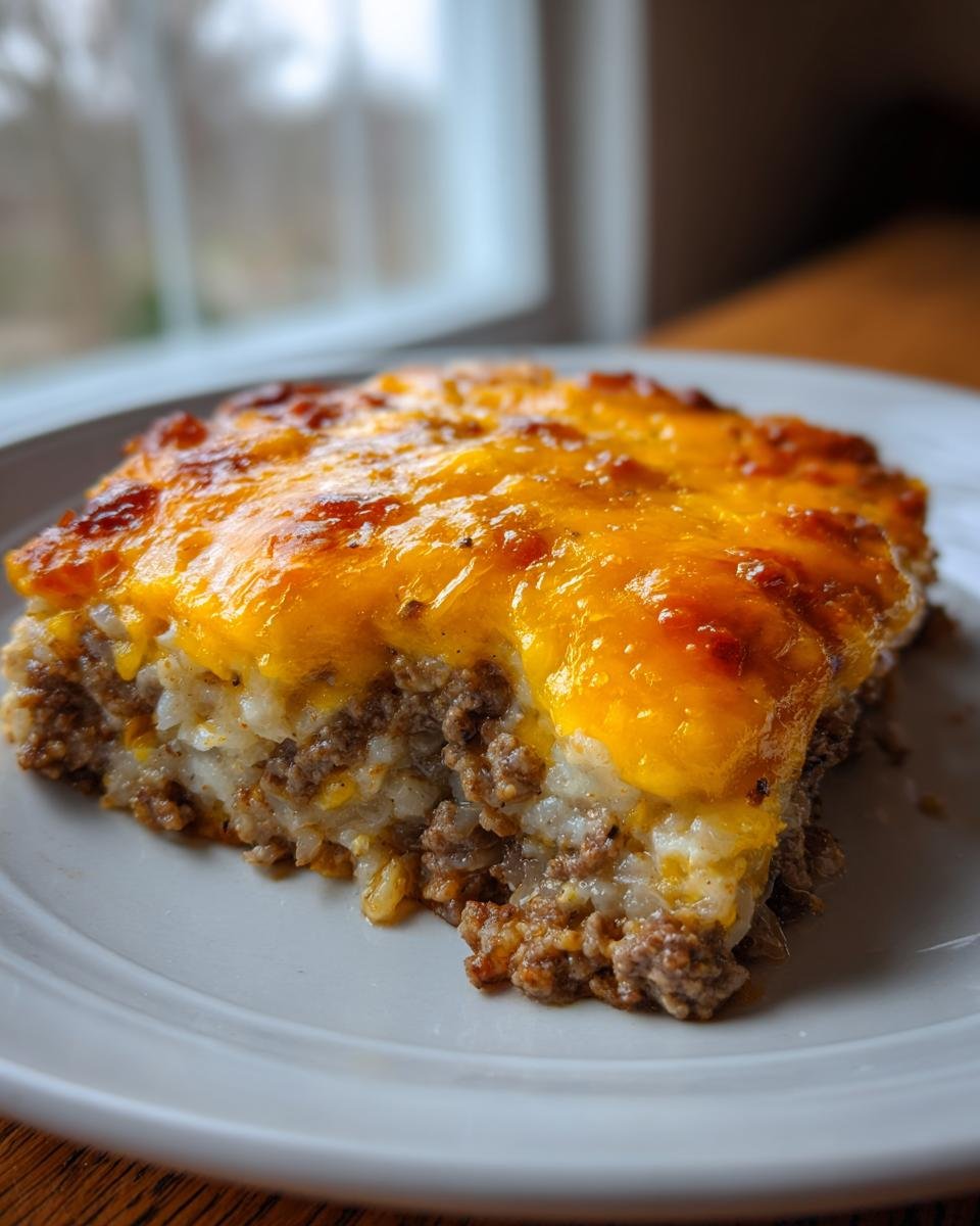 A close-up serving of Ground Beef Cauliflower Rice Casserole topped with melted cheddar cheese.