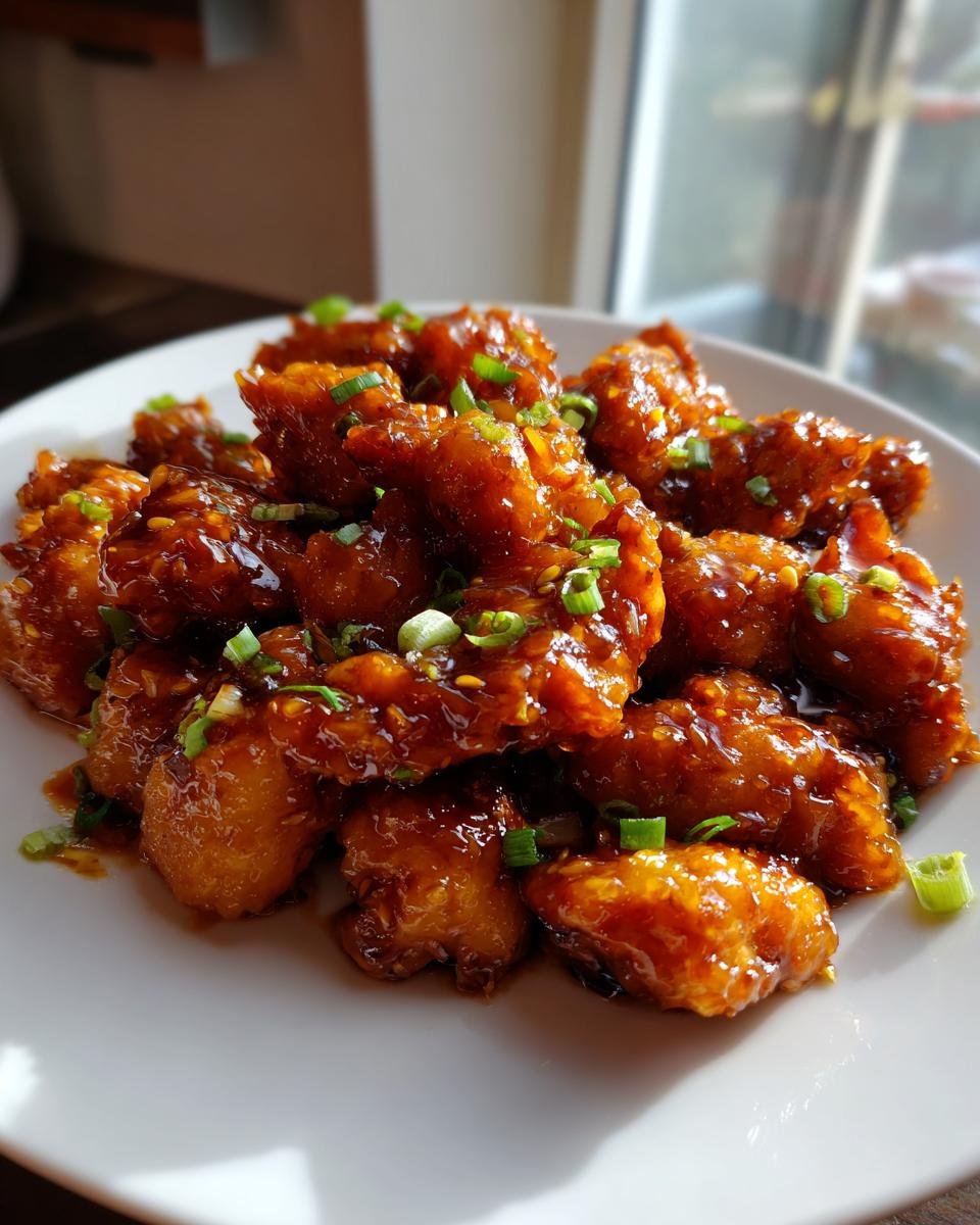 Close-up of crispy, glazed Honey Garlic Chicken pieces garnished with chopped green onions.