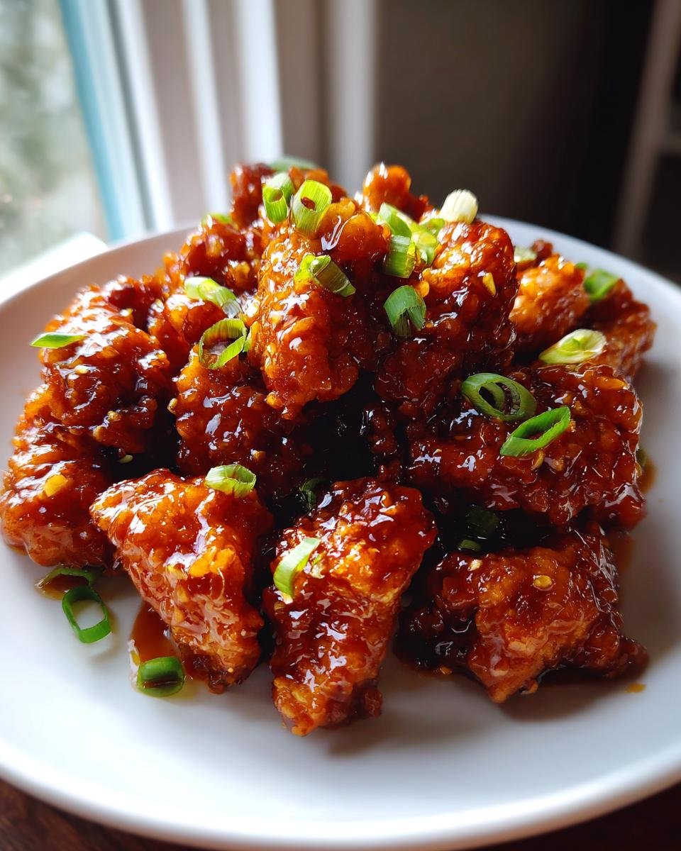 Close-up of crispy Honey Garlic Chicken pieces coated in a thick, shiny glaze and topped with sliced green onions.