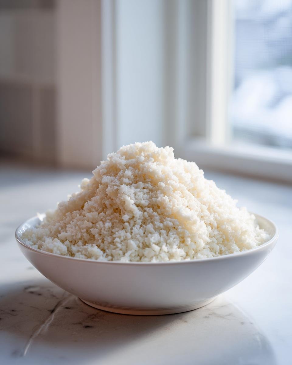 A white bowl overflowing with freshly made cauliflower rice, ready for cooking or storage.
