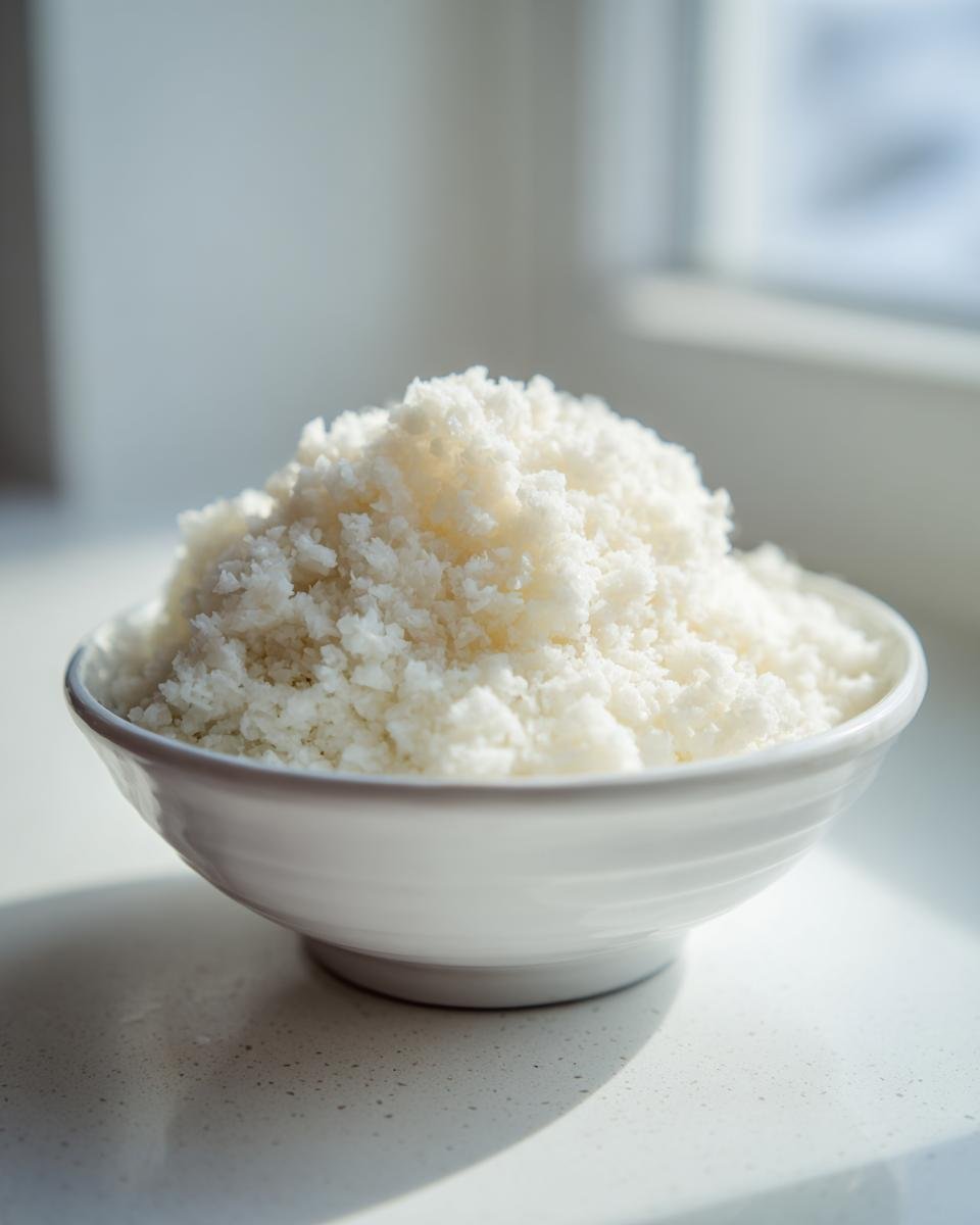 A white bowl filled high with freshly processed cauliflower rice, ready for cooking or storage.