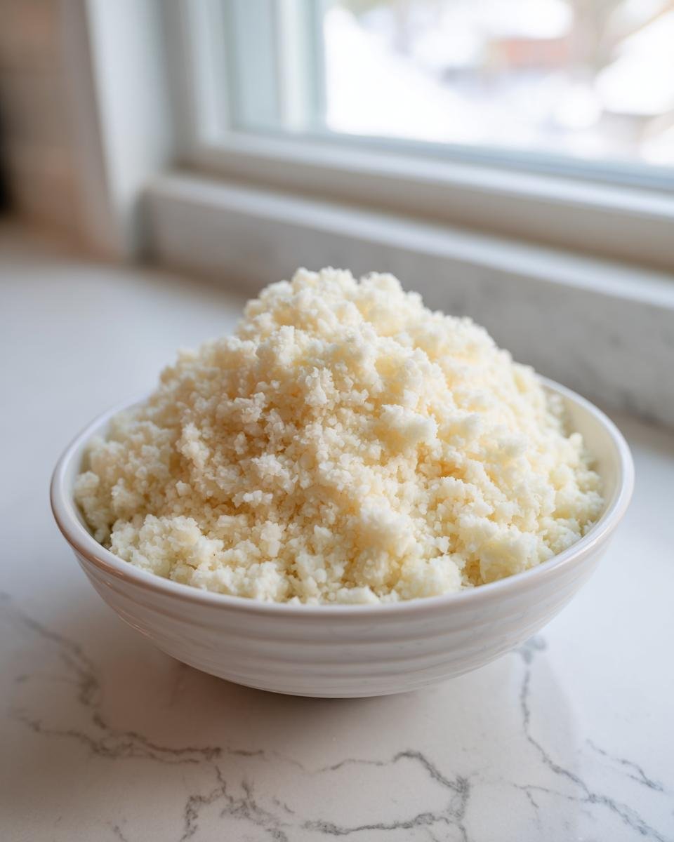 A white bowl mounded high with freshly made cauliflower rice, sitting on a marble countertop near a window.