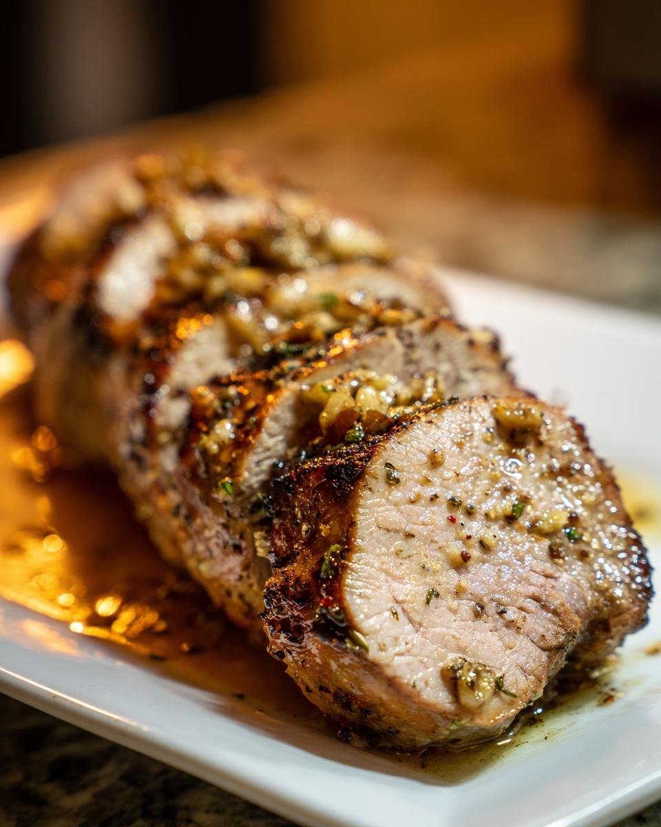 Close-up of a perfectly cooked Instant Pot Garlic Pork Tenderloin, sliced and topped with garlic sauce.