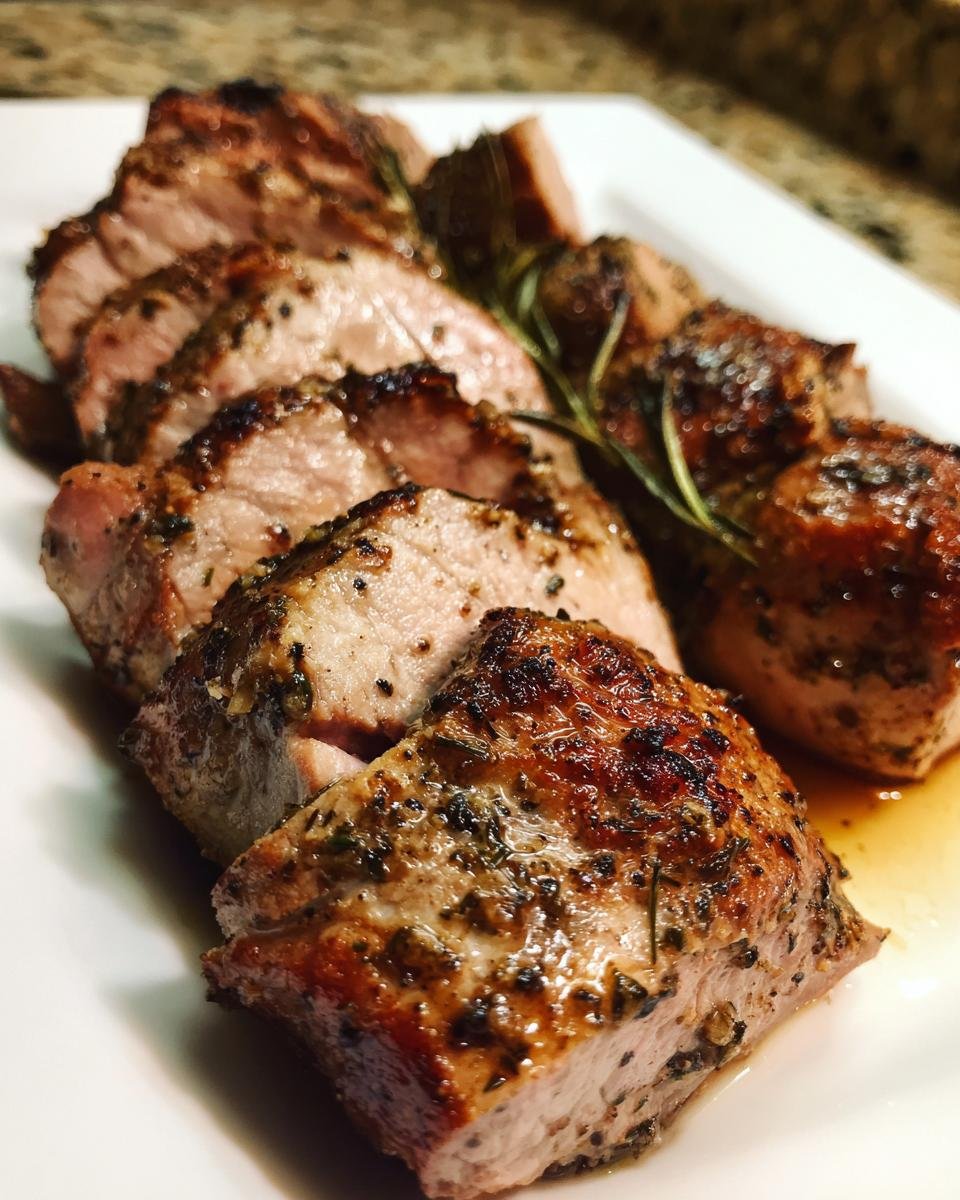 Close-up of sliced Instant Pot Garlic Pork Tenderloin, seared and seasoned with herbs and garlic.