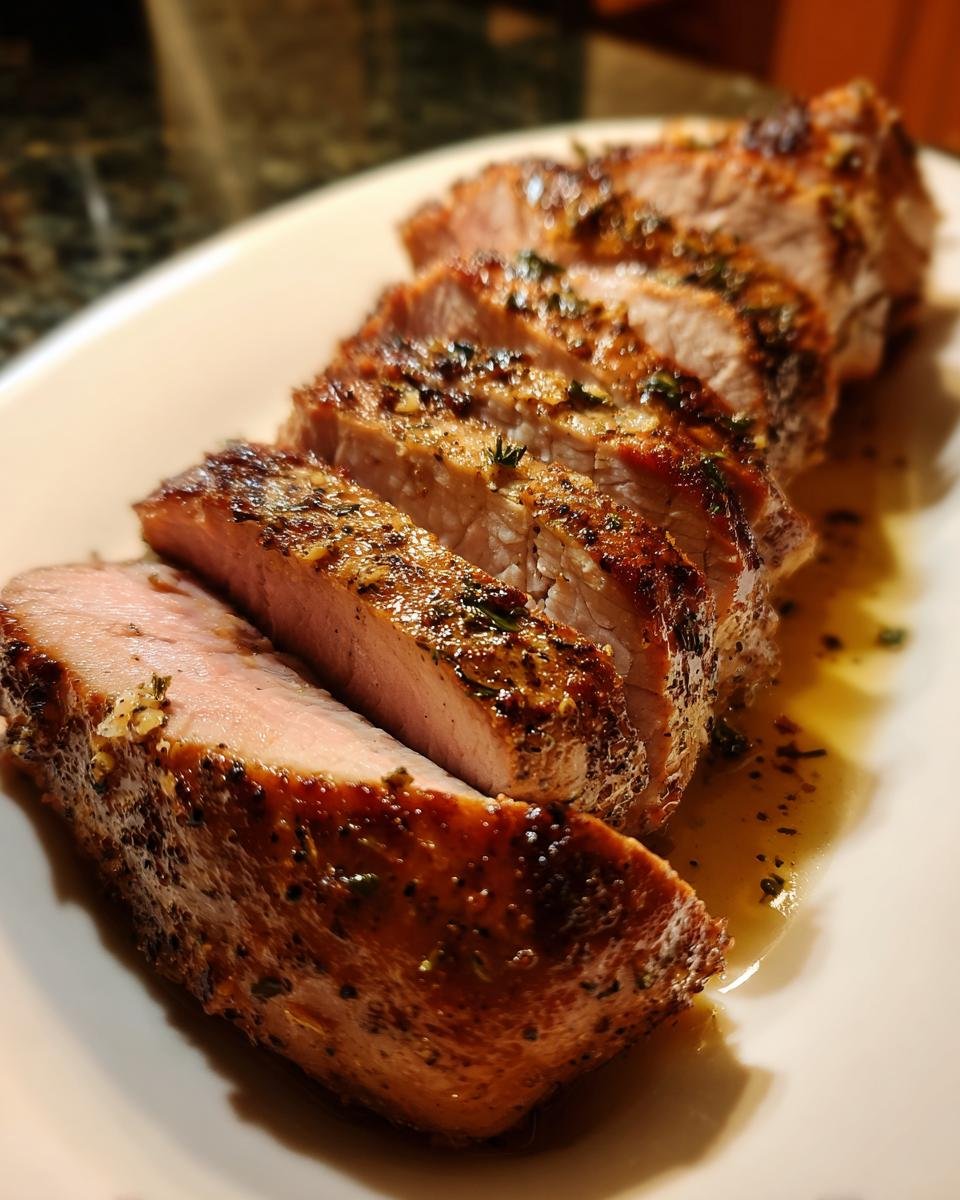 Close-up of sliced Instant Pot Garlic Pork Tenderloin, showing a juicy pink center and browned, herbed exterior.