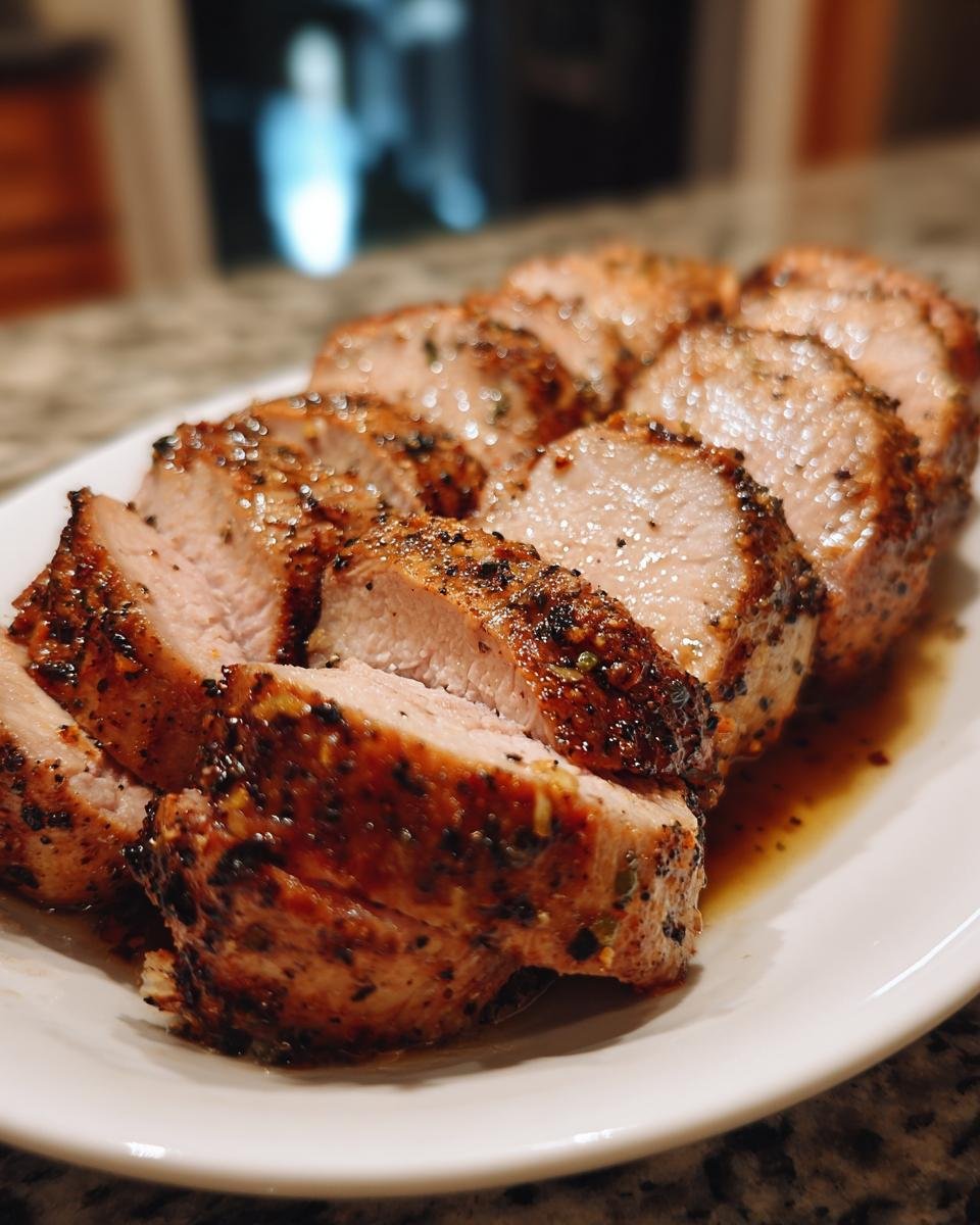 Slices of juicy Instant Pot Garlic Pork Tenderloin, seasoned and resting in pan juices on a white plate.