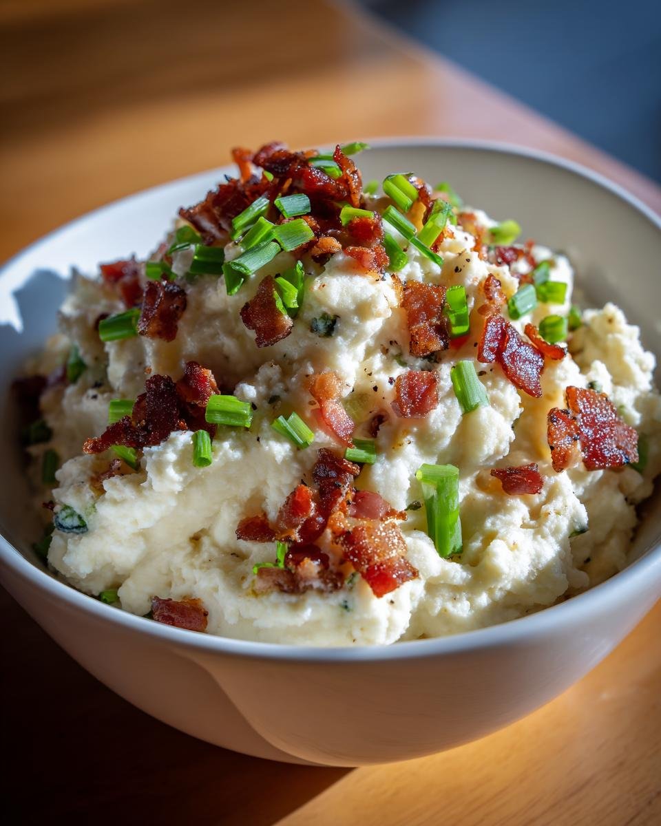 A close-up of creamy Instant Pot Loaded Mashed Cauliflower topped generously with crispy bacon bits and fresh green chives.