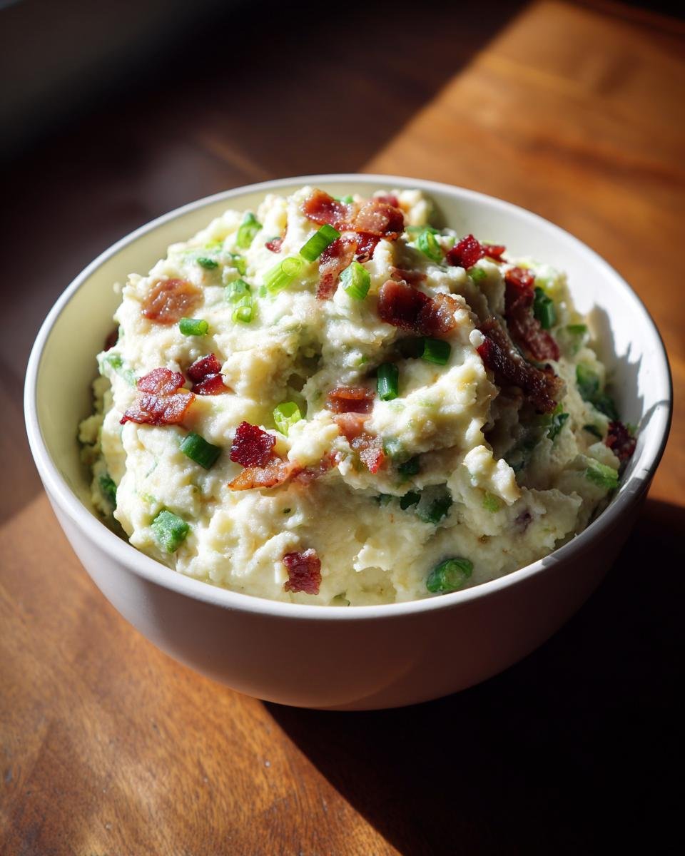A white bowl filled with creamy Instant Pot Loaded Mashed Cauliflower topped with crispy bacon bits and green onions.
