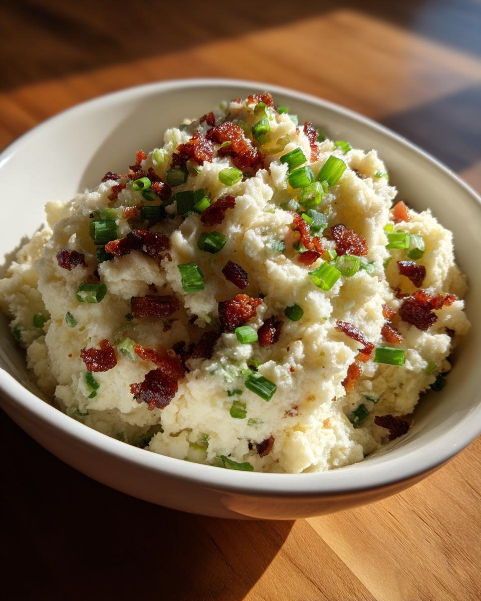 A white bowl filled with creamy Instant Pot Loaded Mashed Cauliflower topped with crispy bacon bits and fresh green onions.